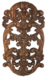 Part-Oak CARVING, PANEL, Antique French, c1900, carved floral drape, shell, 17"t - Picture 1 of 9