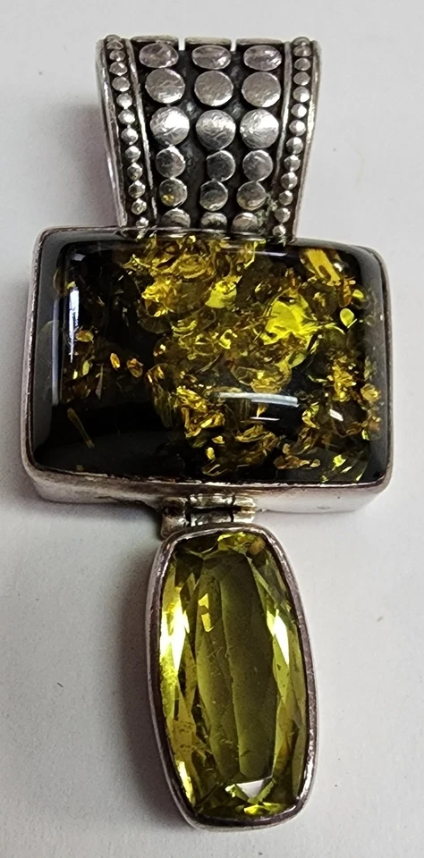 Vintage Lori Bonn 925 Sterling Silver Green Baltic Amber & Peridot Drop Pendant - Image 1 of 4