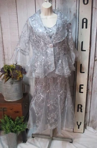 NWT SEVEN KARAT M / 10 Silver 3 Pc Peplum Lace Maxi Skirt Suit Evening Occasion - Picture 1 of 10
