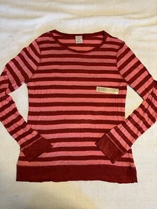 rose gold shirt women's medium red striped long sleeve round neck 100% viscose - Picture 1 of 11