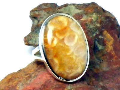 ANILLO DE PIEDRAS PRECIOSAS 925 de plata esterlina de coral fosilizado - Talla: L  Foto 1 de 4