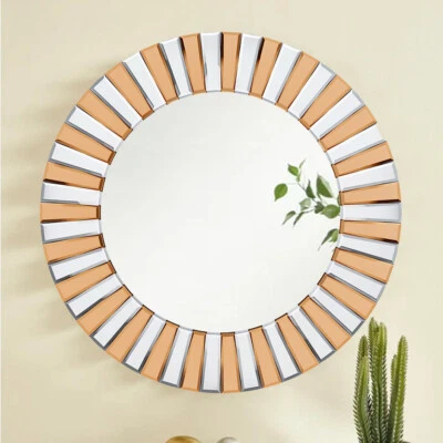 2 Sizes Sunburst Sophisticated Round Wall Mirror Silver and Brown Edges Decor US - Image 1 of 4