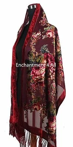 Elegant 100% Silk Burnout Velvet Vintage Floral Oblong Scarf Shawl Wrap,Burgundy - Picture 1 of 6