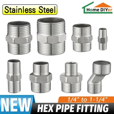 201 Stainless Steel 1/4" to 1-1/4" Hexagon Nipple Hex Pipe Fitting Male Thread - Image 1 of 4