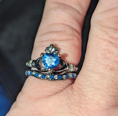 Black Gunmetal Sapphire Claddagh Ring Set - Image 1 of 2