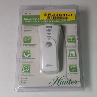 Hunter 99119 Universal 3 Speed Ceiling Fan and Light Remote Control New Sealed - Image 1 of 3