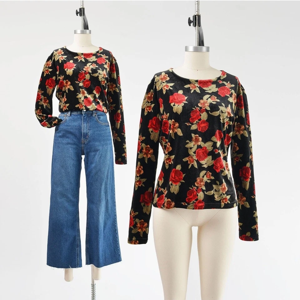 Blusa Grunge Romántica Tejida Ajustada Elástica Top Terciopelo Floral De Colección M L Foto 1 de 4