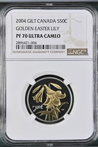 2004 Canada Silver 50C Gold Gilt Golden Easter Lily Proof NGC PF 70 - Picture 1 of 4