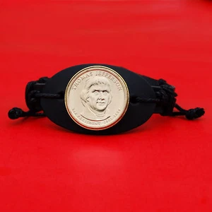 2007 Presidential Coin Genuine Leather Wristband Bracelet - Thomas Jefferson - Imagen 1 de 5