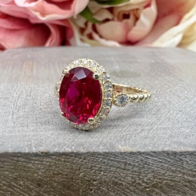 Engagement Diamond Ring Lab Grown 14K Yellow Gold Oval 3.30 Carat Ruby 5 6.5 7 8 - Image 1 of 4
