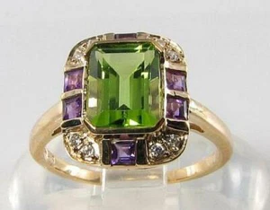 SUFFRAGETTE 9K 9KT GOLD PERIDOT AMETHYST DIAMANT ART DECO INS RING KOSTENLOSE GRÖßE - Bild 1 von 6