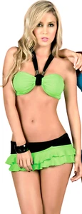 2043 Verde Negro Bikini Falda Correas Club Wear Danza Lencería Sujetador Conjunto M L XL - Imagen 1 de 4