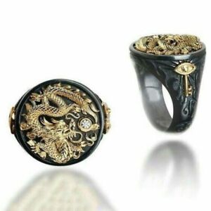 Chinese Dragon Carved Men's 18K Black Gold Plated Ring Party Jewelry Size 6-13