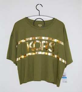 NWT Michael Kors Women's Olive Green Cropped Boxy Gold Bar Logo SS T-Shirt sz XL - Picture 1 of 9