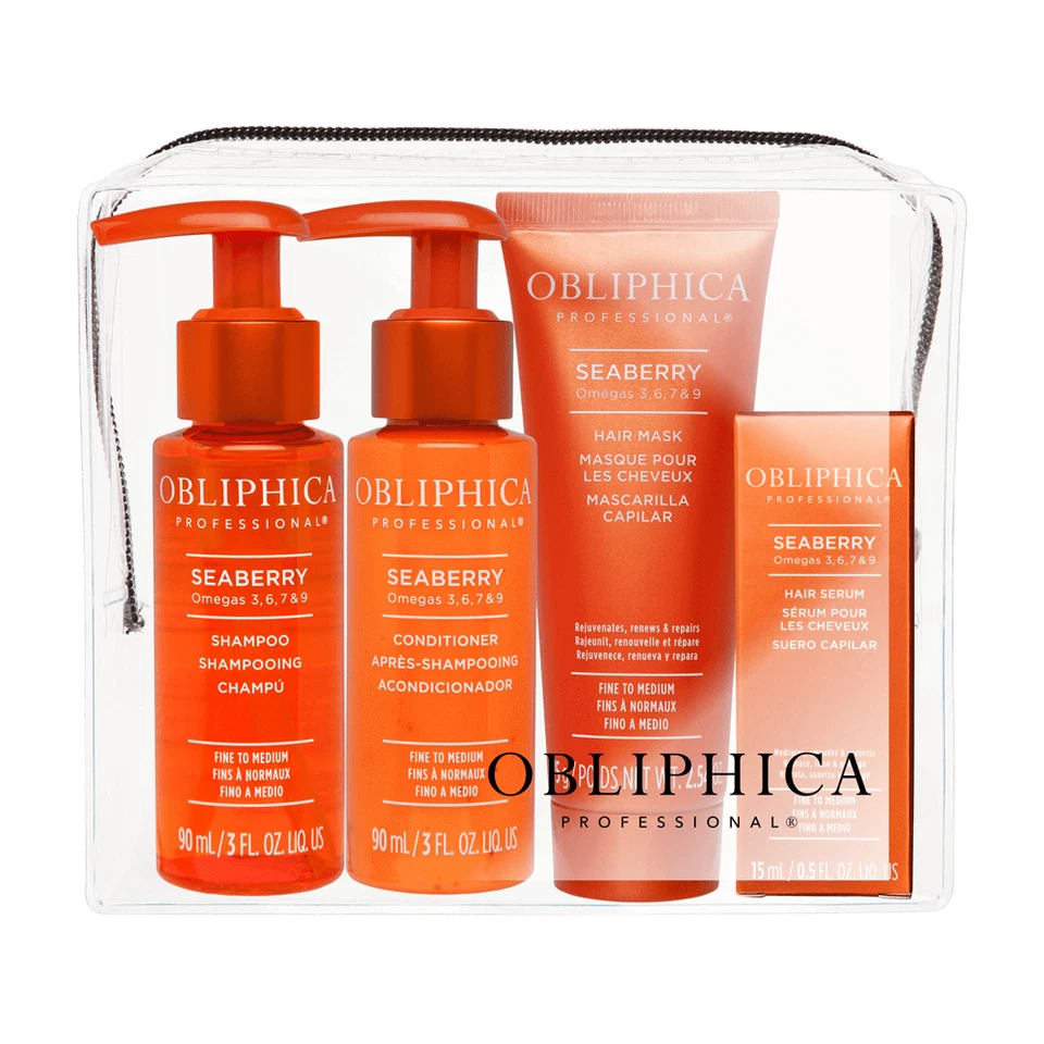 Kit de viaje Obliphica Seaberry fino a mediano (champú/acondicionador/máscara/suero) Foto 1 de 1