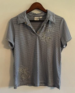 Chicos Zenergy Top 1 Damen Medium Golf blau weiß Streifen goldene Nieten Druckknopf Polo - Bild 1 von 6