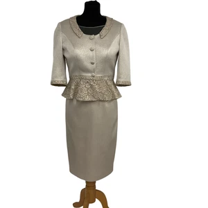 John Charles London Lace Trim Size 12 Dress 10 Jacket Suit Beige Occasion 2 Pce - Picture 1 of 12
