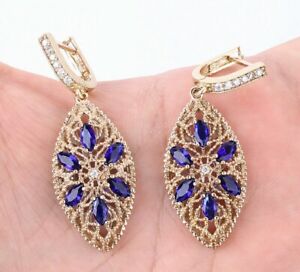 3Ct  Marquise Simulated Blue Sapphire DropDangle Earrings 14K Yellow Gold Plated