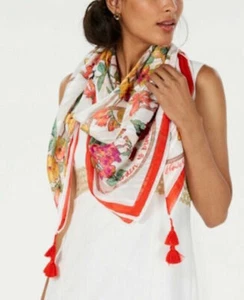 INC Womens Garden Trellis Square Scarf Red Floral Corner Tassels Daffodils New - Picture 1 of 6