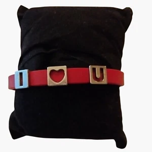 I Heart U Red Rubber Bracelet silver Metal Sliders Love You Valentine - Picture 1 of 4