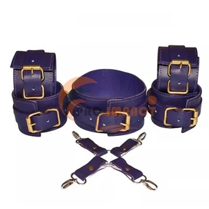 Real Leather Purple Restraint Hand & Ankle Collar cuffs With Lockable Hog tie - Picture 1 of 7