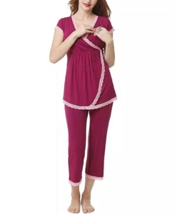 Womens Maternity Lace-Trim Nursing Pajama Set Stretch Purple - Kimi + Kai Small - Picture 1 of 10