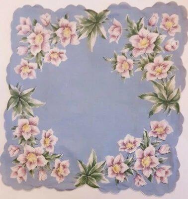 Pañuelo de lino estampado floral vintage azul claro telón de fondo dobladillo festoneado enrollado Foto 1 de 4