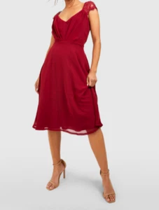 Boohoo Chiffon Lace Midi Skater Bridesmaid Dress, UK12, Berry Red, New With Tags - Picture 1 of 16