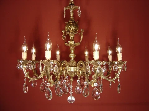 CHERUBS BRASS CRYSTAL CHANDELIER GLASS CEILING LAMP 8 LIGHT  Ø 28" Cover