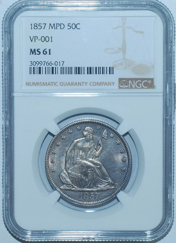 1857 NGC MS61 WB-102 VP-001 R.7+ MPD Misplaced Date Seated Liberty Half Dollar - Image 1 of 3