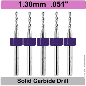 1.3mm .051" Solid Carbide Drill Bits - 5 PIECES -1/8" Shank 1.30mm Premium R/S - Picture 1 of 4