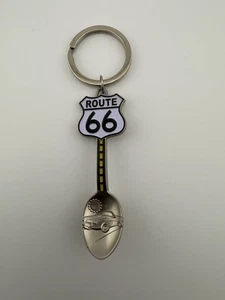 Route 66 Spoon & Bottle Opener Silver Tone Enamel Keychain - Picture 1 of 8