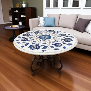 24" Round White Marble Top Coffee Table Lapis Stone Floral Pietra Dura Home Deco - Picture 1 of 7