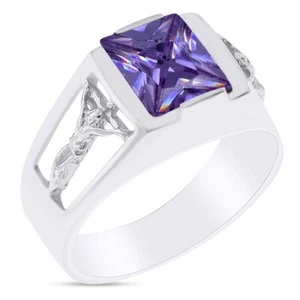 Simulated Alexandrite Solitaire W/ Jesus Crucifix Mens Cross Rings In Sterling - Picture 1 of 6