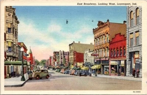 Logansport IN East Broadway Looking West Autos 1938 Linen postcard IP16 - Picture 1 of 2