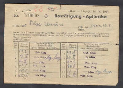 13447 Alemania (Urlandia), 1945, Certificado sobre la construcción de la línea de defensa cerca de Libau Foto 1 de 2