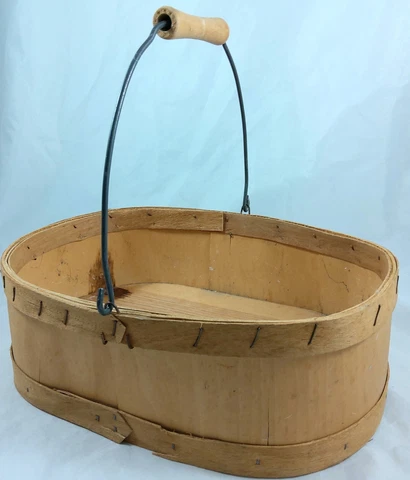 Vintage Split Wood Bottom Basket Swinging Wire Handle Rustic Farmhouse Primitive Cover