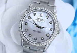 Rolex Air King 34 mm White Pearl Diamond Dial Stainless Steel Ladies Watch - Picture 1 of 7