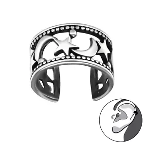 925 Sterling Silver Mystic Night Sky Design Ear Cuff Oxidised Moon & Star Earing - Picture 1 of 1
