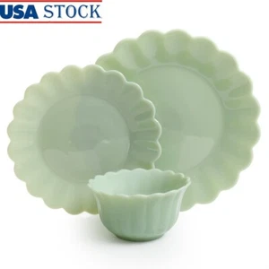 Timeless Beauty Jade Glass Dinnerware Set 3 Piece Scalloped Edge Dishwasher Safe - Picture 1 of 6