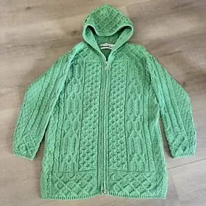 Aran Crafts Ireland Chunky Cable Knit Wool Long Sweater Hood Green Women 46 Bust - Picture 1 of 16