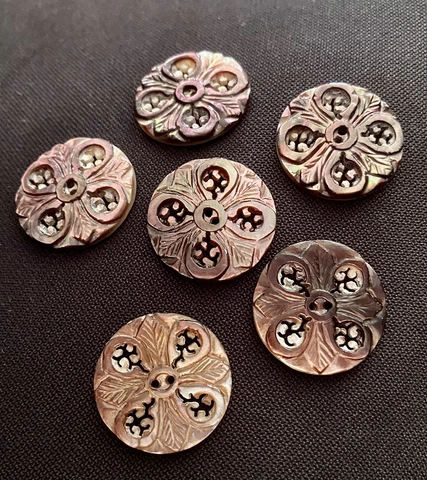 Antique 6 Highly Carved Pierced MOP /  Mother of Pearl Buttons Cover