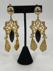VTG Gold Tone Statement Chandelier Style Clip Earrings Rhinestones Black Stone - Imagen 1 de 7