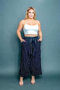 Womens Plus Size Black Stripe Palazzo Pants 1XL Tie Front Pockets Stretch - Picture 1 of 3