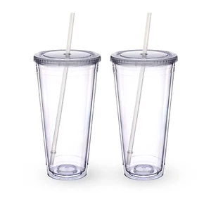 Clear Acrylic Tumbler With Straw And Lid 32 Oz Double Walled Insulated Reusable - Picture 1 of 8