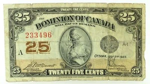 Dominion of Canada 1923 Twenty Five Cents DC-24C Shinplaster McCavour-Saunders - Picture 1 of 2