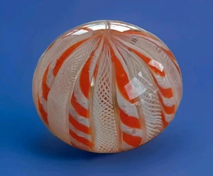 Vintage Murano Latticino Zanfirico Ribbon Orange White Clear Paperweight Ex Con - Picture 1 of 13