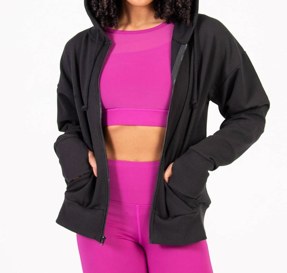 Body Wrappers French Terry Hombro Caído Cremallera Corta Sudadera con Capucha Negra Foto 1 de 1