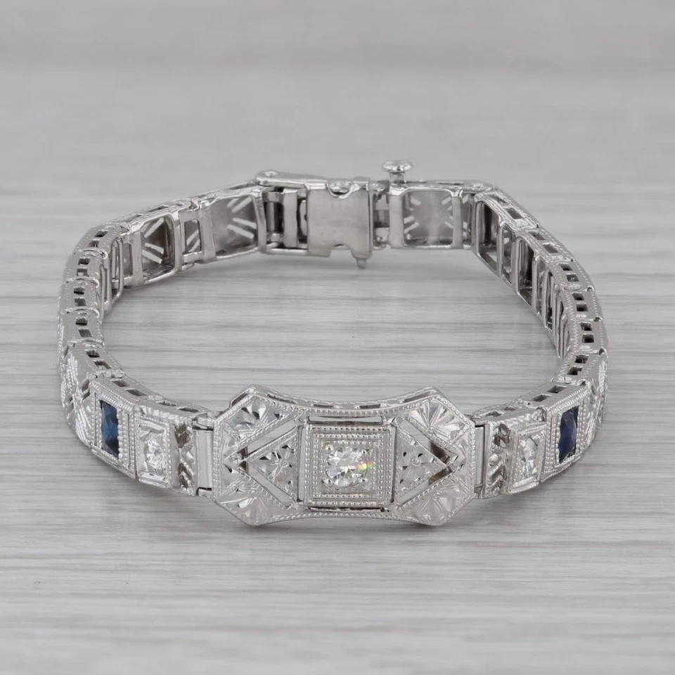 Art Deco 0.52ctw Diamond Lab Created Sapphire Bracelet 14k White Gold Platinum - Image 1 of 4