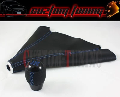 Perilla de cambio de cuero M10 X 1.25 NEGRO 5 VELOCIDADES + BOTA DE CAMBIO CON COSTURAS AZULES PARA MAZDA Foto 1 de 4